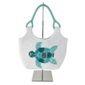 Y2K Beaded Sea Turtle Handbag White Aqua Mermaidcore Resort Bag